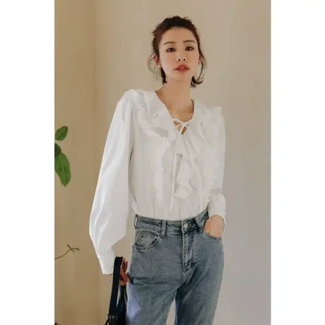 弥古白色法式荷叶边衬衫女2023新款秋季长袖小众雪纺衬衣气质上衣商品大图