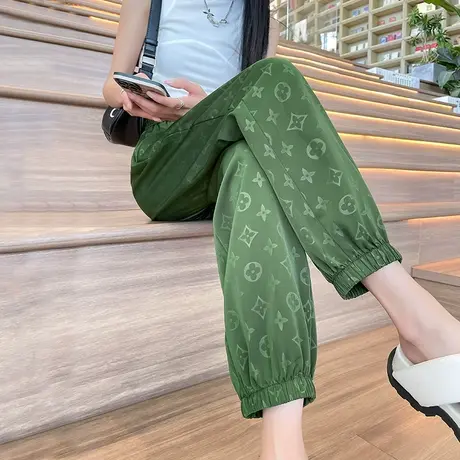 断码清仓  绿色醋酸运动裤女夏季薄款高腰显瘦百搭休闲九分束脚裤商品大图