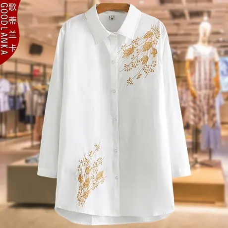 加肥加大码女装中年妈妈衬衫宽松显瘦秋装新款中长款绣花白色上衣商品大图