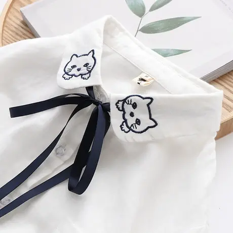 2021春装新款韩版学院风长袖双层棉纱绣花白色衬衫女日系宽松上衣图片