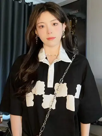 日系polo衫短袖t恤女夏季纯棉半袖设计感小众美式复古上衣服ins潮商品大图