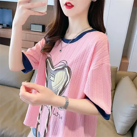 设计感小众短袖t恤女夏季韩版宽松大码撞色百搭小个子假两件上衣商品大图