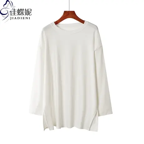 秋季新款韩版圆领纯白宽松纯色中长款大码侧开叉长袖体恤上衣女装图片
