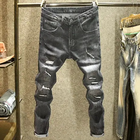 黑灰色秋季男士牛仔裤修身弹力小脚裤潮牌破洞补丁时尚帅气裤子男商品大图