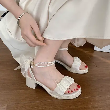 高跟凉鞋女2023年春夏新款法式复古蝴蝶结气质仙女风珍珠增高鞋潮图片