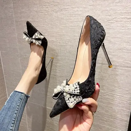 永希女鞋高跟鞋女2023新款气质浅口细跟单鞋女春季珍珠仙女风女鞋商品大图
