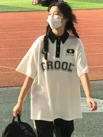 美式大码撞色polo衫短袖t恤女装夏季胖mm宽松ins潮设计感小众上衣商品大图
