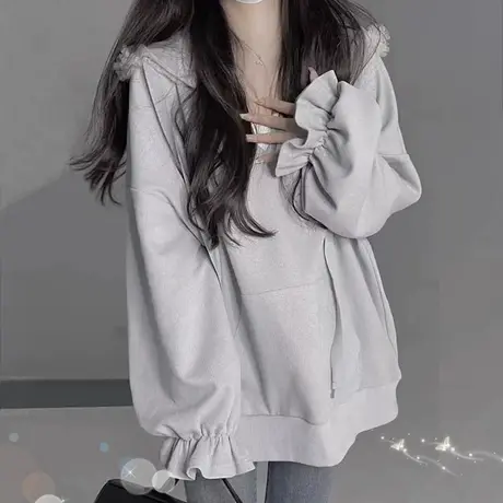 大码灰色卫衣女春秋款美式慵懒chic宽松连帽设计感上衣胖mm200斤商品大图