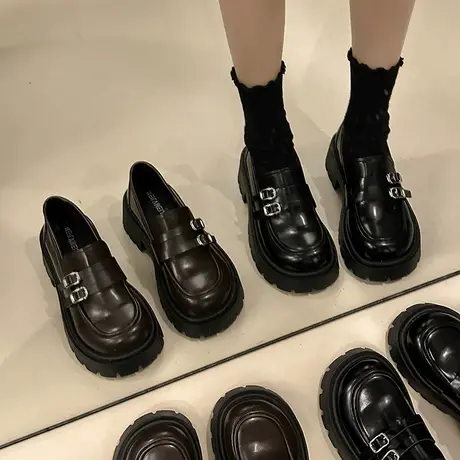 复古乐福鞋女春秋2024新款玛丽珍女鞋松糕厚底黑色单鞋英伦小皮鞋图片