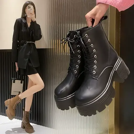 厚底马丁靴女2023新款春秋款单靴冬季加绒瘦瘦靴百搭粗高跟小短靴图片