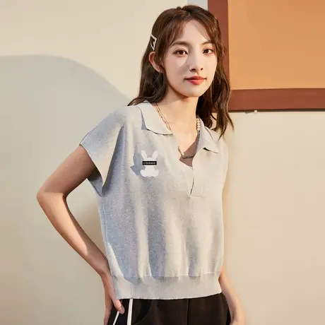 唐狮夏女v领飞袖兔子皮标休闲针织短袖polo衫百搭基础小众女上衣y商品大图
