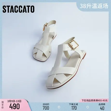 思加图新款简约复古猪笼鞋平底罗马凉鞋女鞋子EEQ05BL2图片