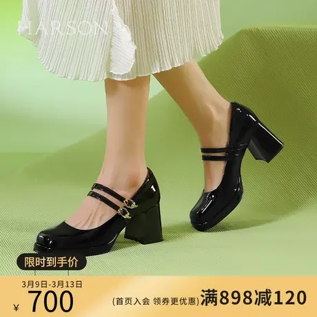 哈森玛丽珍鞋子女2024春季新款方头粗跟显高浅口搭扣单鞋HS246010图片