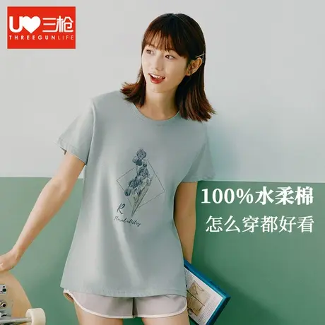 三枪T恤女夏季纯棉女士印花短袖圆领修身甜美上衣运动青年汗衫商品大图