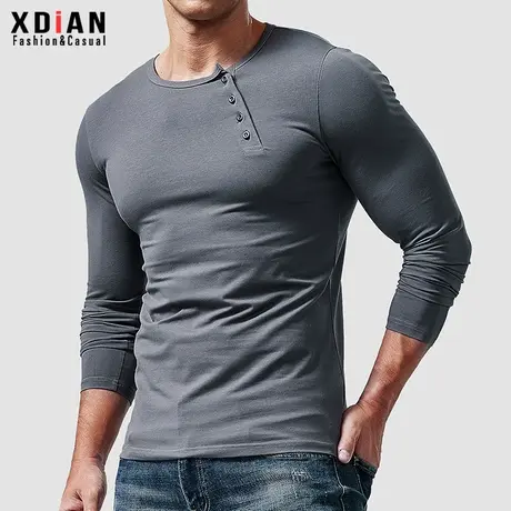 美式复古亨利衫男长袖t恤纯棉修身个性纯色春秋薄款亨利领打底衫图片