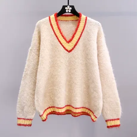 撞色软糯V领毛衣女秋冬2023新款日系甜美宽松设计感针织长袖上衣商品大图