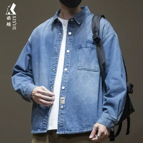 希越小清新牛仔衬衫男复古水洗口袋春秋宽松大码牛仔衣穿搭外套潮图片