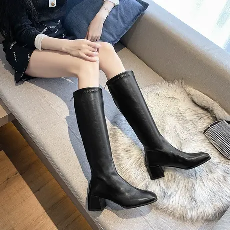 显瘦不过膝长靴女2022年新款秋季单靴中粗跟及膝弹力高筒骑士靴女图片