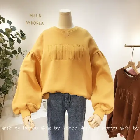 甜美法式浪漫上衣2020秋冬新版韩国东大门荷叶灯笼袖加绒厚卫衣商品大图