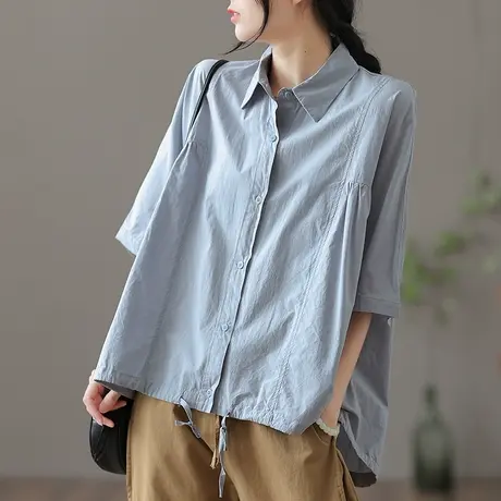 dza 复古白色短袖衬衫女士2023夏季薄款口袋显瘦上衣翻领半袖衬衣图片