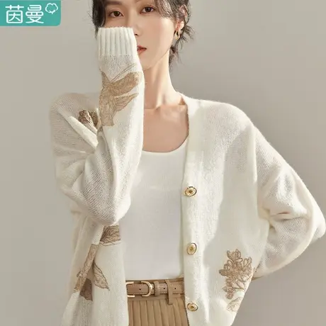 茵曼官方旗舰店女装2022秋冬季设计感v领加厚新款开衫毛衣慵懒风图片