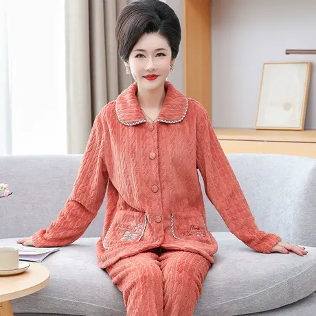 法兰绒冬季睡衣女士中老年妈妈加绒加厚夹棉家居服套装珊瑚绒新款图片
