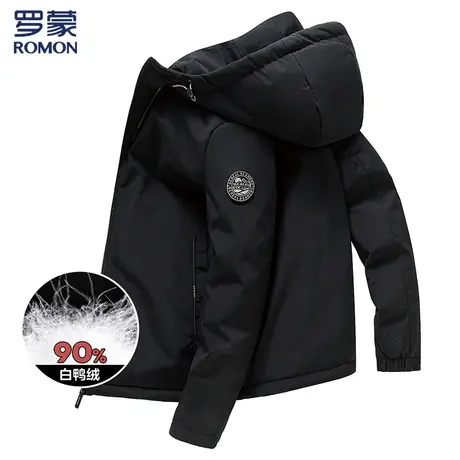 【90白鸭绒】罗蒙男士羽绒服连帽短款袖标商务休闲保暖羽绒服男商品大图