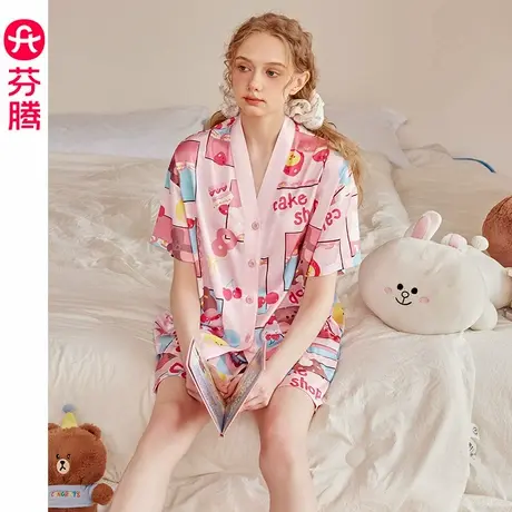 芬腾布朗熊睡衣女士夏季凉感冰丝短袖套装韩版少女休闲大码家居服商品大图