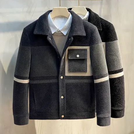 秋冬加厚毛呢外套男短款冬季翻领修身仿水貂绒男士呢子夹克大衣潮商品大图