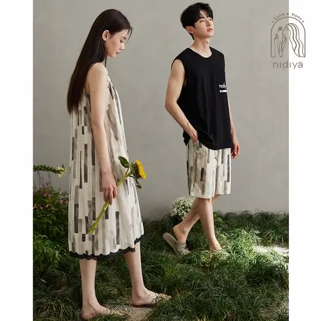 妮狄娅2024情侣睡衣女夏季睡裙纯棉吊带裙男士背心短裤家居服套装商品大图