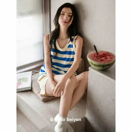 贝妍睡衣女夏凉感莫代尔棉无袖家居服时尚海军风条纹背心短裤套装商品大图