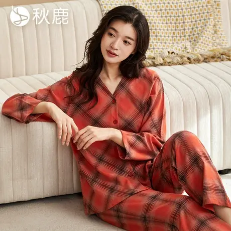秋鹿【超柔软】纯棉睡衣女2024春秋新款高级感格子长袖家居服套装商品大图