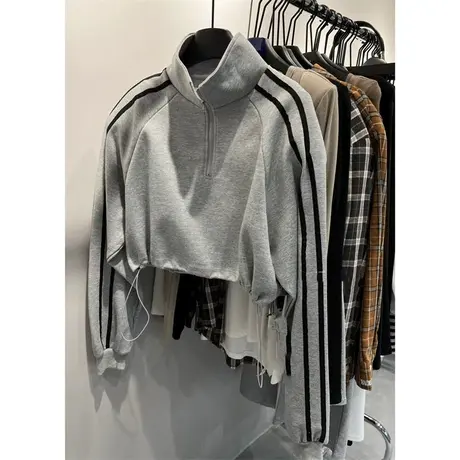 韩国东大门2023春季新款拉链时髦韩版撞色杠条设计短款抽绳卫衣女商品大图