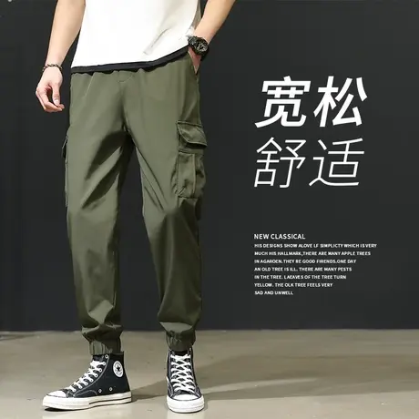 工装裤潮牌男2023新款男士宽松厚款弹力裤男款军绿色束脚休闲裤子商品大图