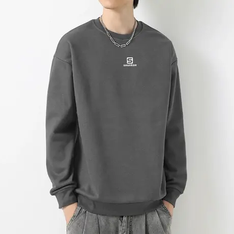 重磅纯棉卫衣男潮ins宽松潮流秋冬摇粒绒圆领长袖t恤灰色无帽上衣商品大图