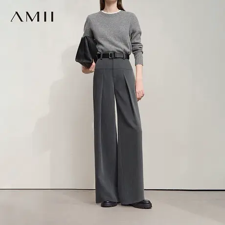 Amii2025秋新款简洁摩登宽松阔腿裤收褶休闲长裤女垂感黑色裤子图片