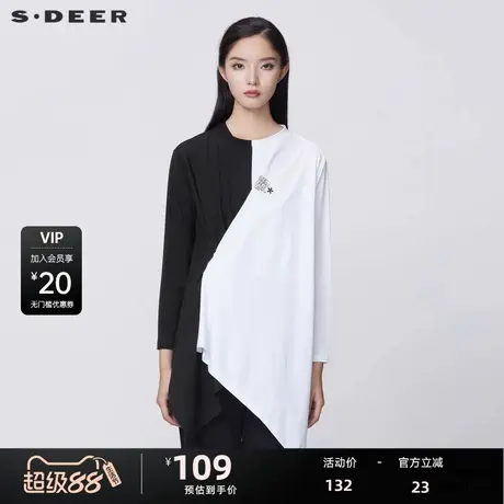 S·DEER圣迪奥女装秋圆领字母撞色拼接不规则长袖T恤S21380209商品大图