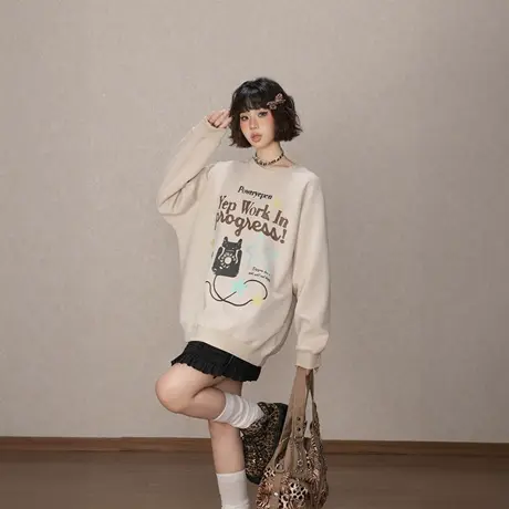 YEP复古印花圆领卫衣女春秋2025新款插肩袖套头美式宽松无帽上衣图片