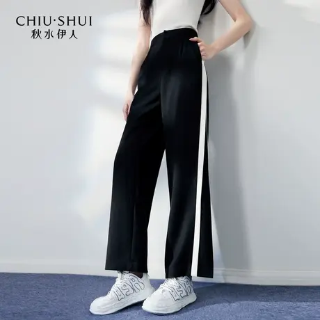 秋水伊人运动休闲裤秋季女装简约设计感侧边撞色条纹直筒裤子长裤商品大图