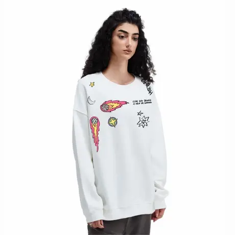 Ohlyah品牌男女款趣味火焰星星卡通印花情侣卫衣宽松白色纯棉圆领商品大图