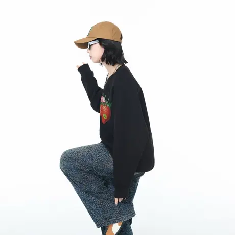 YEP美式复古草莓印花圆领卫衣外套女春秋新款潮牌情侣款宽松上衣商品大图