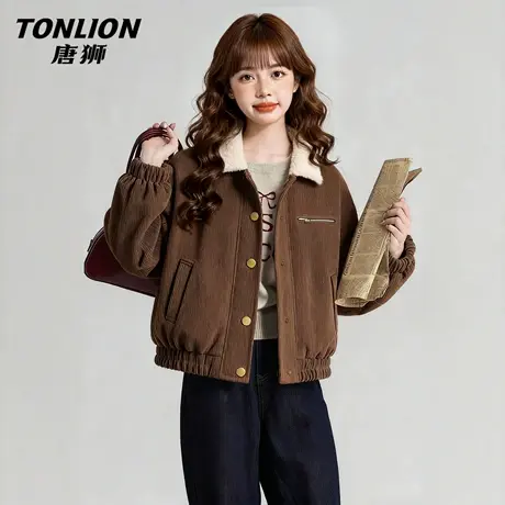 唐狮官方翻领加绒外套女冬季2026新款女款时尚洋气加厚夹棉夹克VB图片