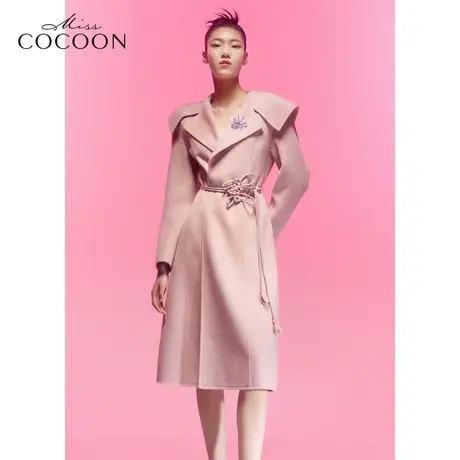 COCOON商场同款2023秋冬新款刺绣图案盘花扣腰带毛呢大衣商品大图