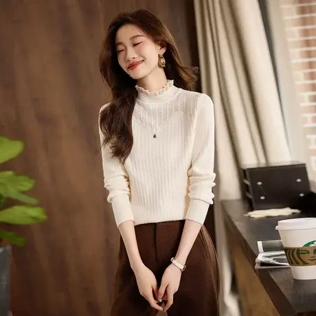 时尚气质毛衣2023年冬季新款女半高领蕾丝长袖百搭套头内搭上衣商品大图