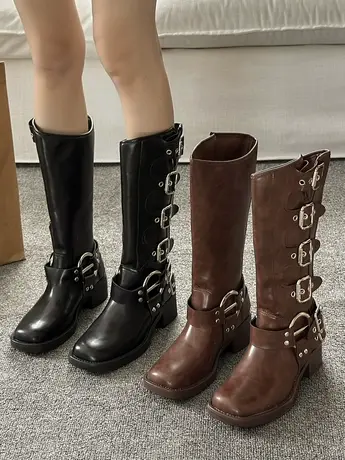 miu家粗跟高筒靴2023年新款易梦玲同款搭扣西部牛仔靴骑士时装靴图片