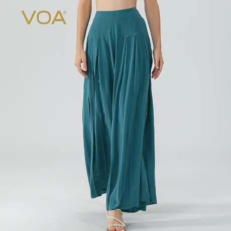 VOA靛蓝色双绉桑蚕丝自然腰侧口袋工字褶轻盈百搭长款真丝裙裤女商品大图