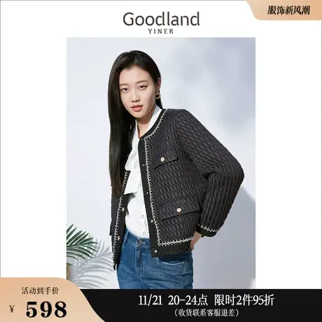 Goodland美地女装冬季撞色简约时尚小香风短款轻薄羽绒服商品大图