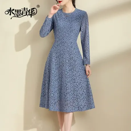 水墨青华春装新品显瘦百搭打底裙优雅收腰中长款蕾丝连衣裙女图片