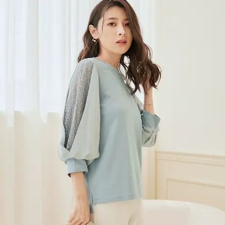 桔熊秋季气质柔软纯色小衫拼接蕾丝长袖上衣女胖妹妹大码AB17586商品大图
