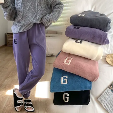 秋冬加厚暖暖裤双面摇粒绒家居裤女可外穿高腰保暖睡裤休闲束脚裤商品大图